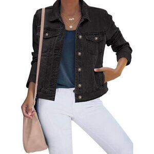 Women's Button Down Stretch Fitted Long Sleeves Denim Jean Jacket Vintage Black